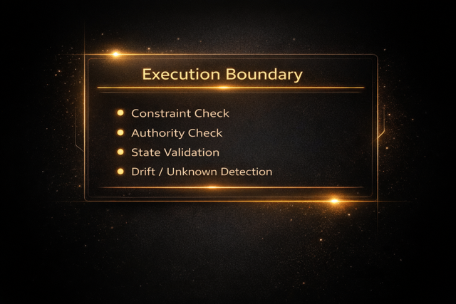 Diagram showing execution boundary checks performed before consequential action