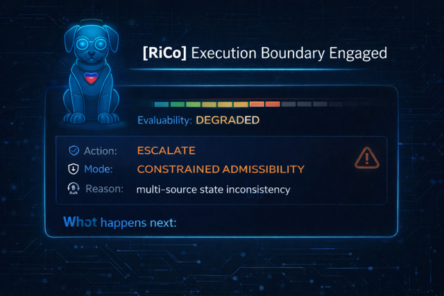 Diagram showing RiCo-01 engaged at the runtime execution boundary